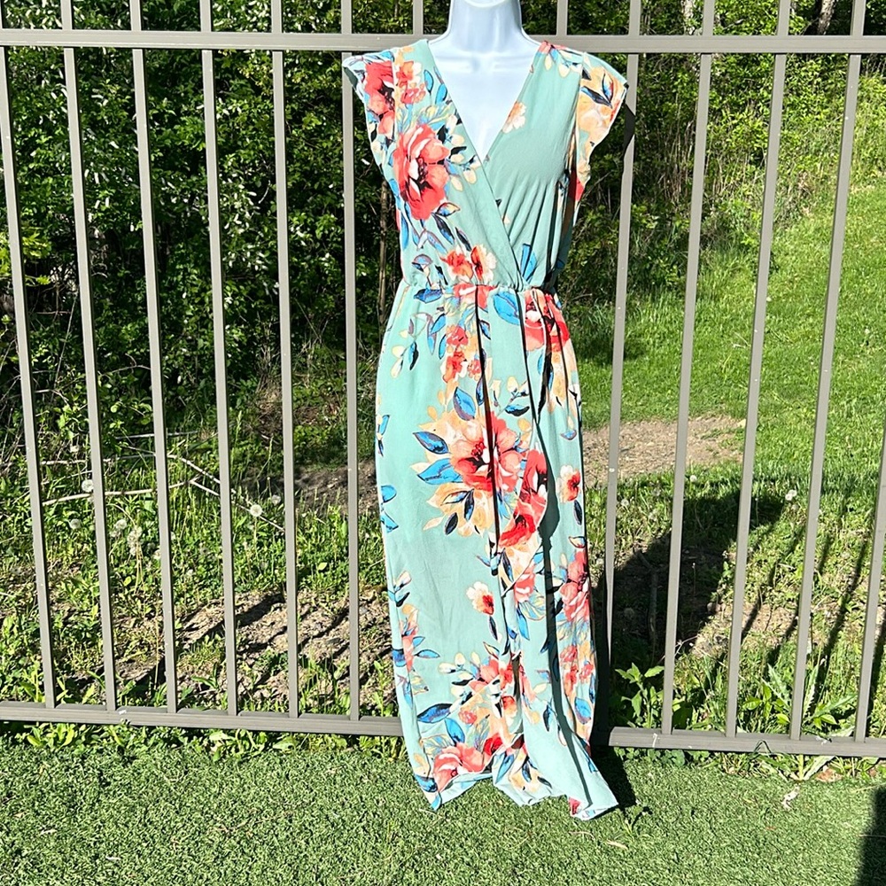 Scobe Green Floral Summer Wrap Dress Size Large